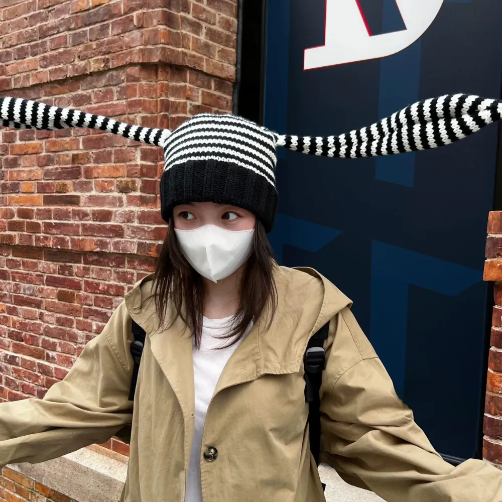 Street Black and White Striped Long Ear Knitted Hat