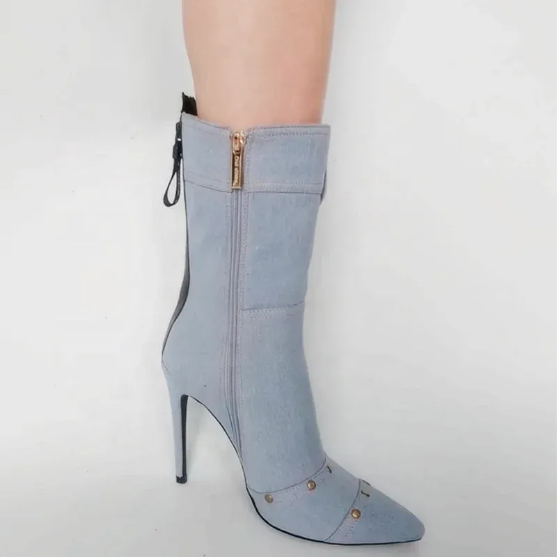 Trend4us Chic Denim Stiletto Ankle Boots