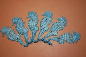 Vintage Look Coastal Aqua Color Seahorse Wall Hooks, Cast Iron, Coastal Living Seahorse Decor, 7&quot; high, N-2