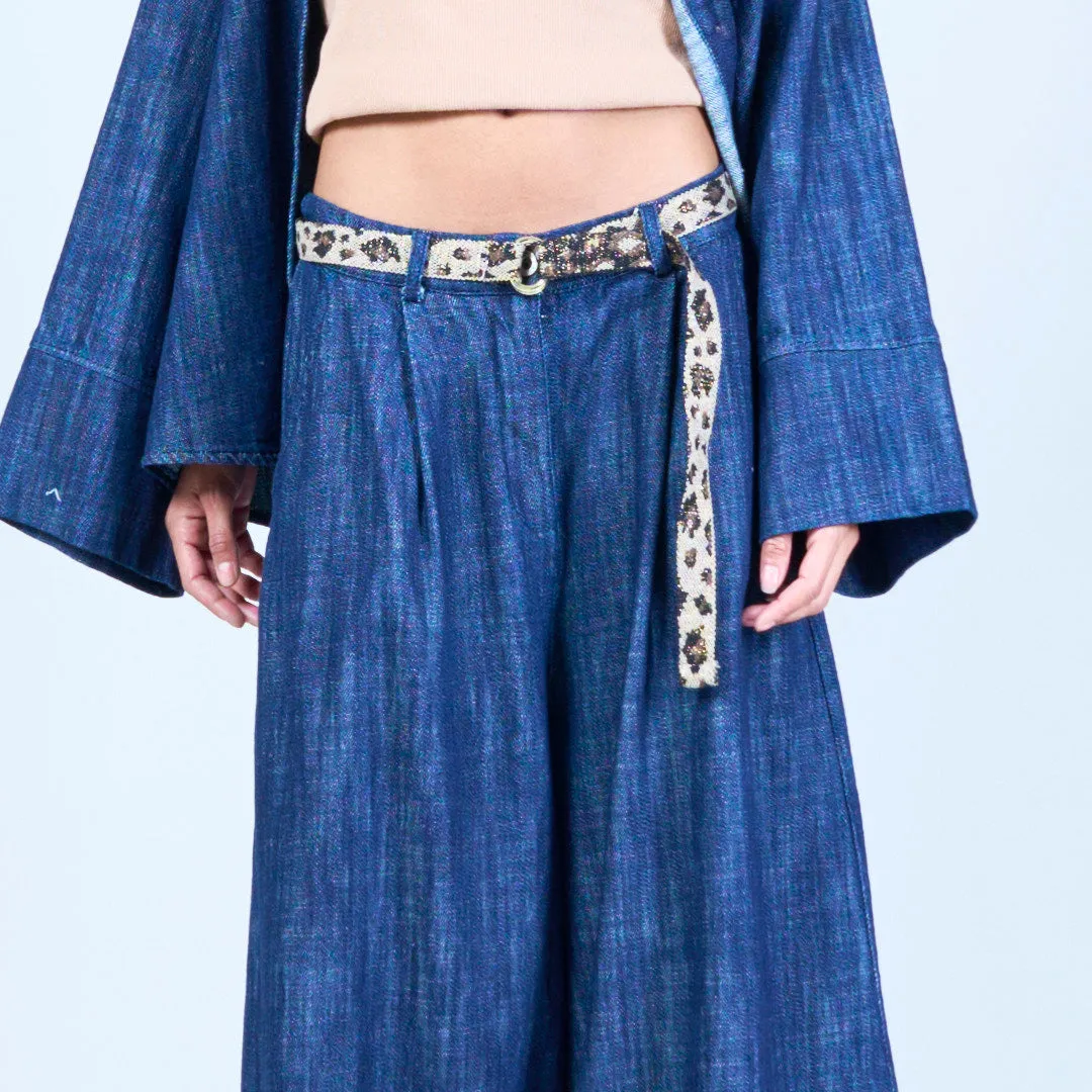 Wide-leg denim trousers with belt wholesale