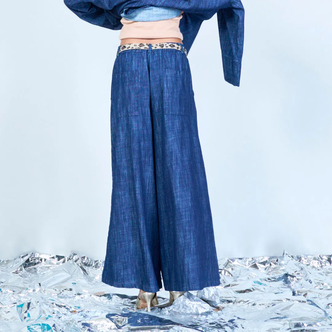 Wide-leg denim trousers with belt wholesale