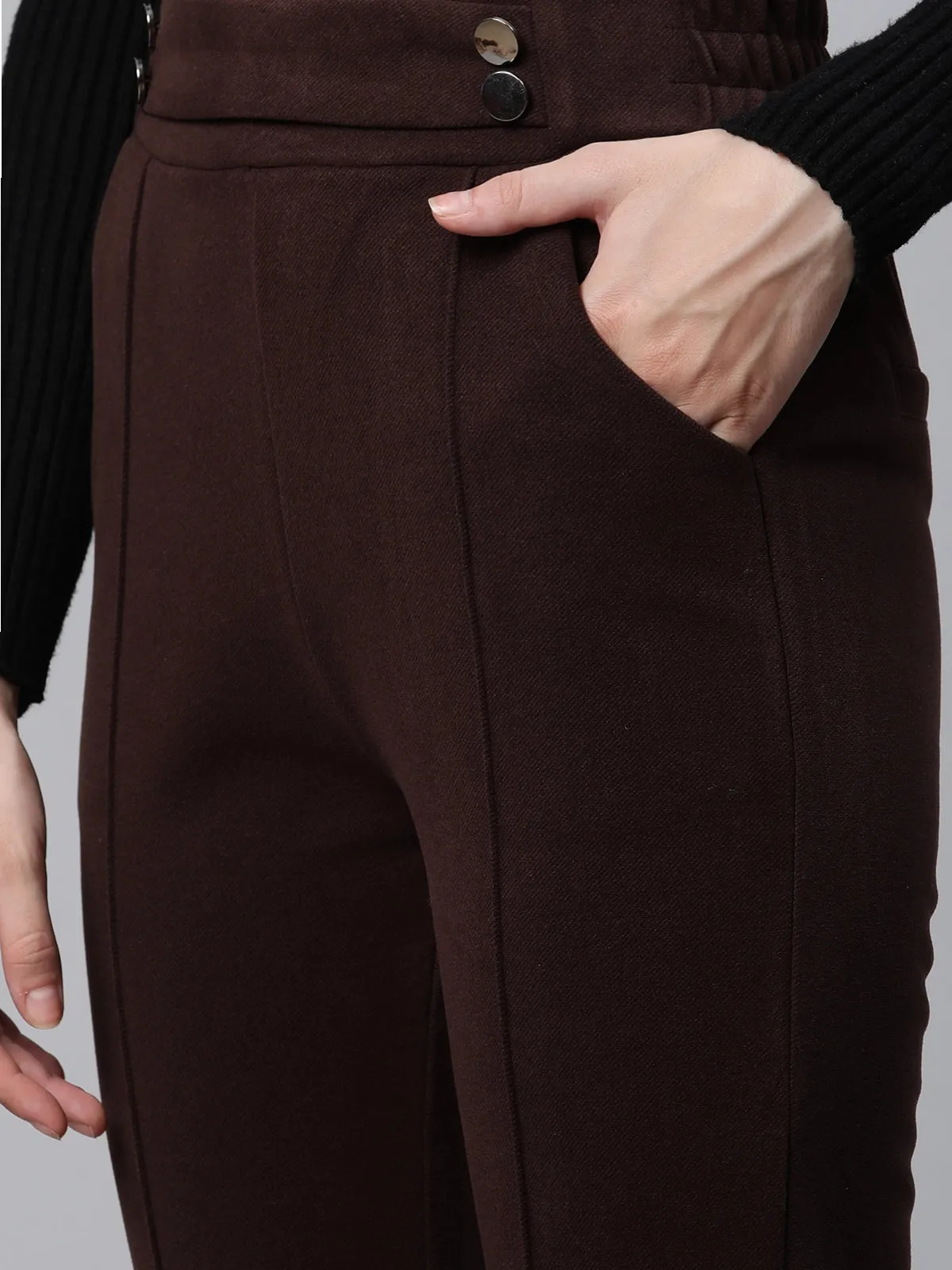 Women Solid High Rise Brown Flared Trousers