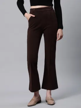 Women Solid High Rise Brown Flared Trousers