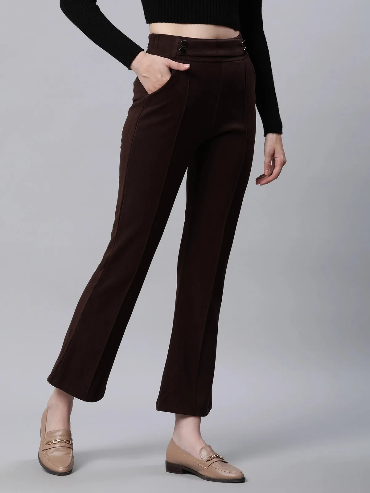 Women Solid High Rise Brown Flared Trousers