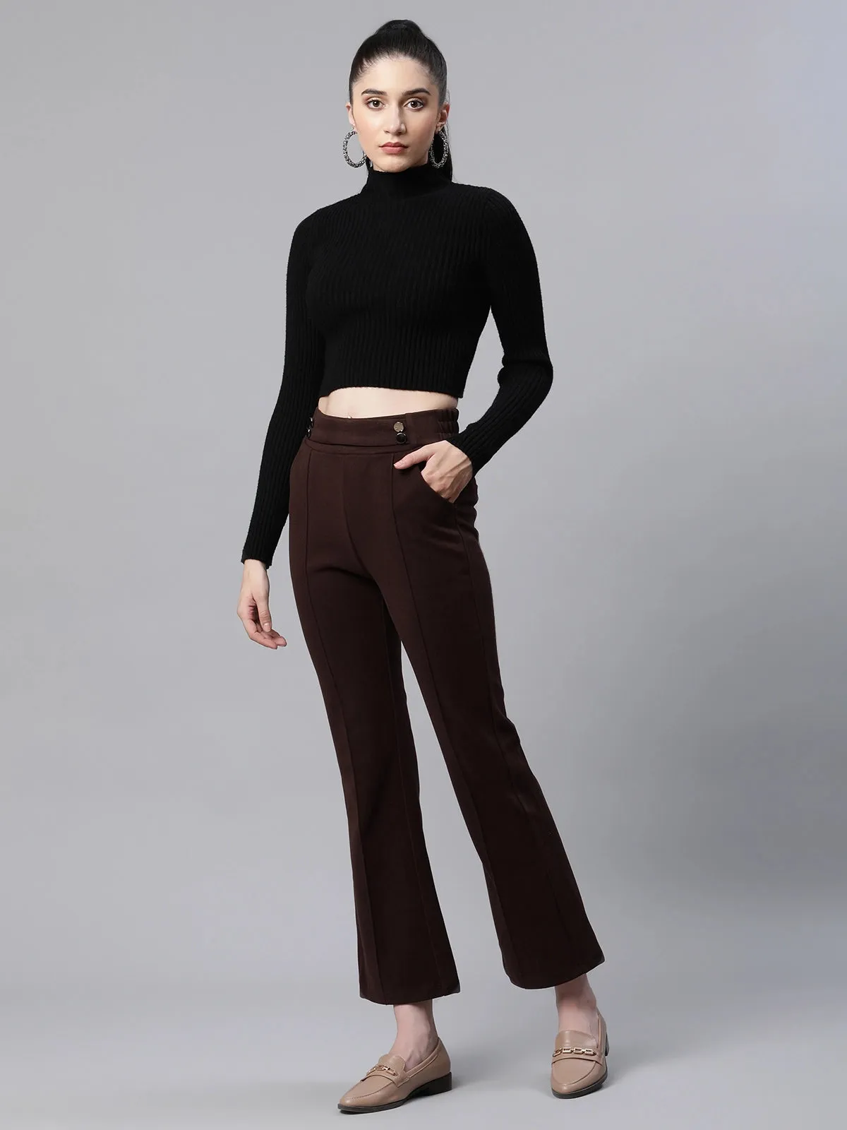 Women Solid High Rise Brown Flared Trousers