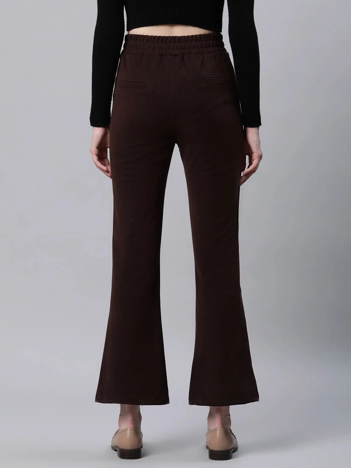 Women Solid High Rise Brown Flared Trousers