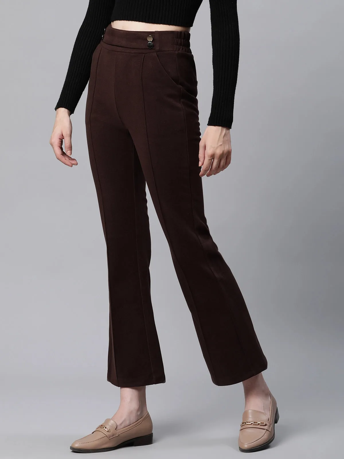 Women Solid High Rise Brown Flared Trousers