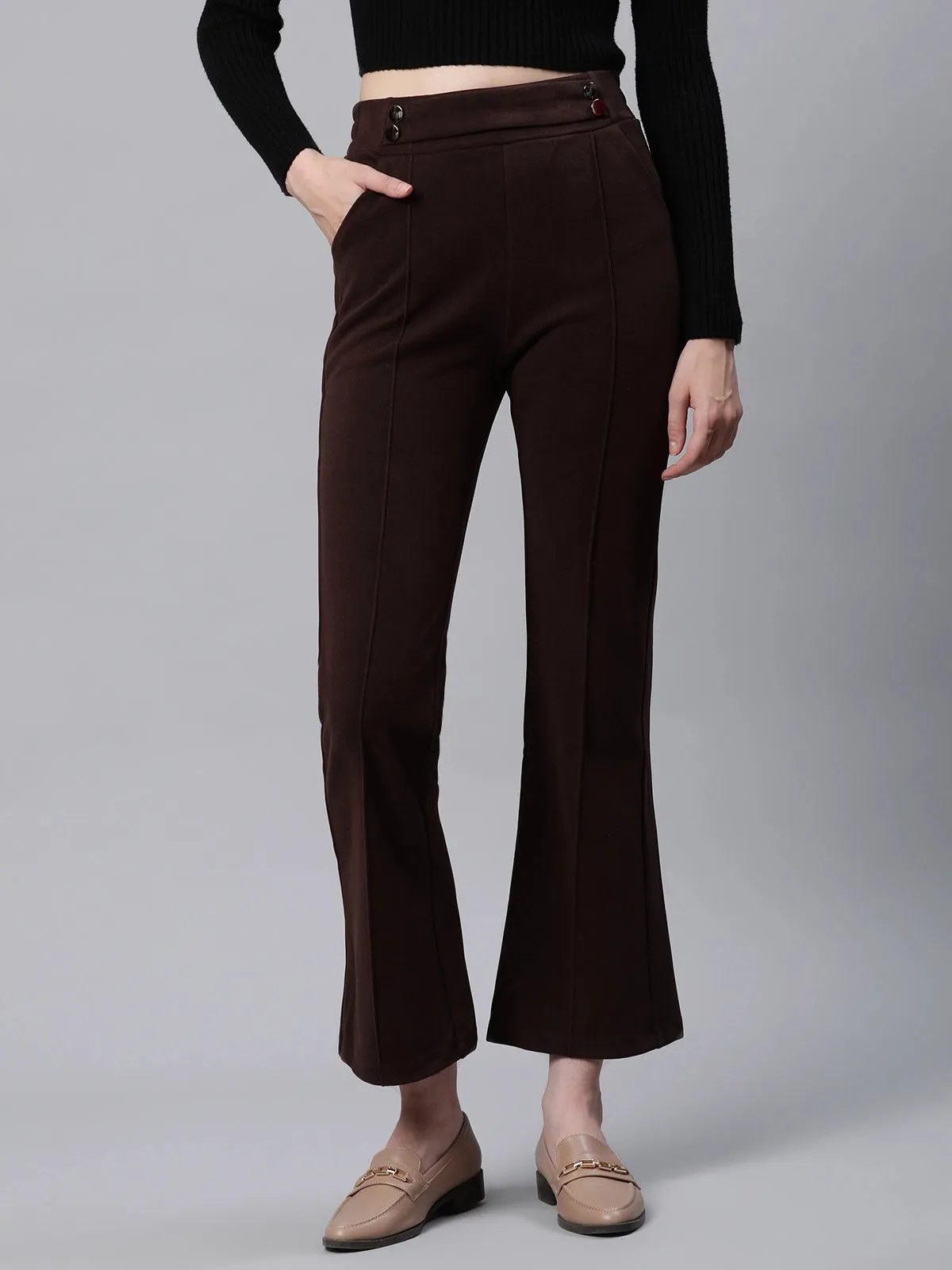 Women Solid High Rise Brown Flared Trousers